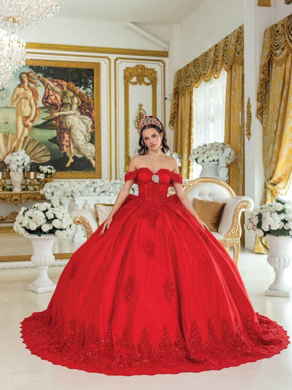 NEW RED Glitter Off Shoulder Quinceanera Ball Gown Floor Length 1913